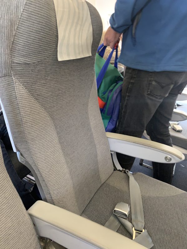 a seat with a seat belt and a person standing behind it