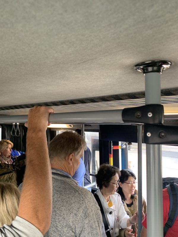 people standing on a bus holding onto a pole