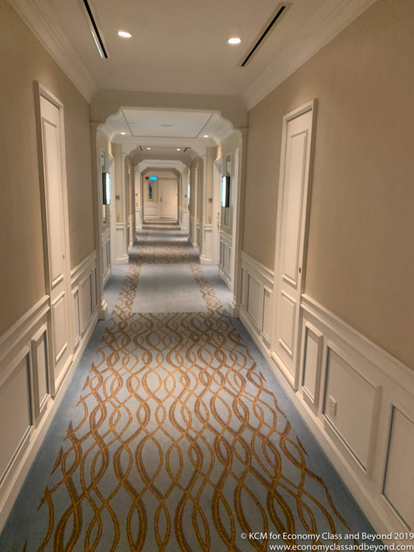 a hallway with a patterned carpet