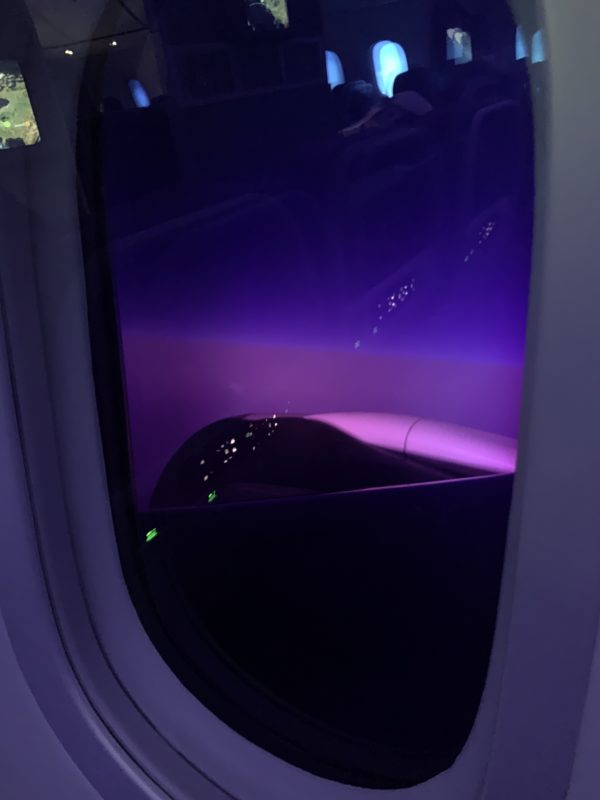 a window with a purple light