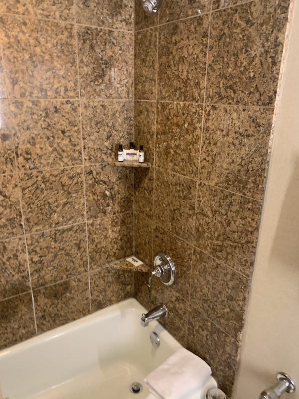 a bathtub and shower with a shower head