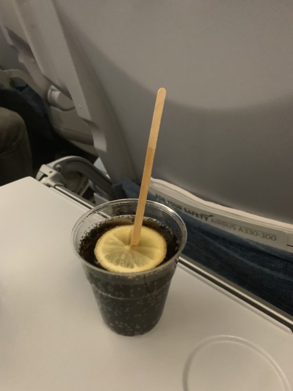 a drink with a lemon slice in a plastic cup