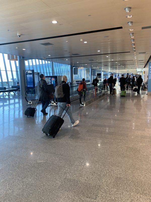 people walking with luggage in an airport