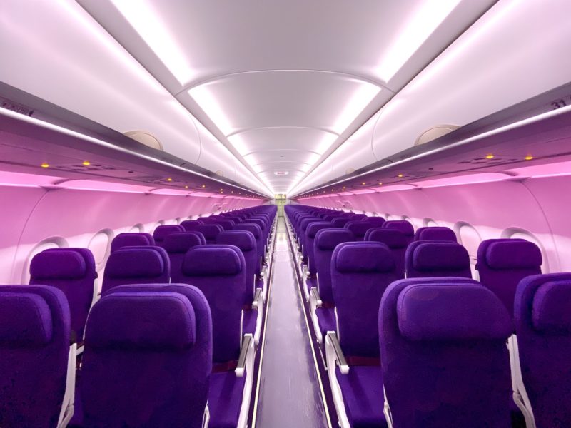 a row of purple seats in an airplane