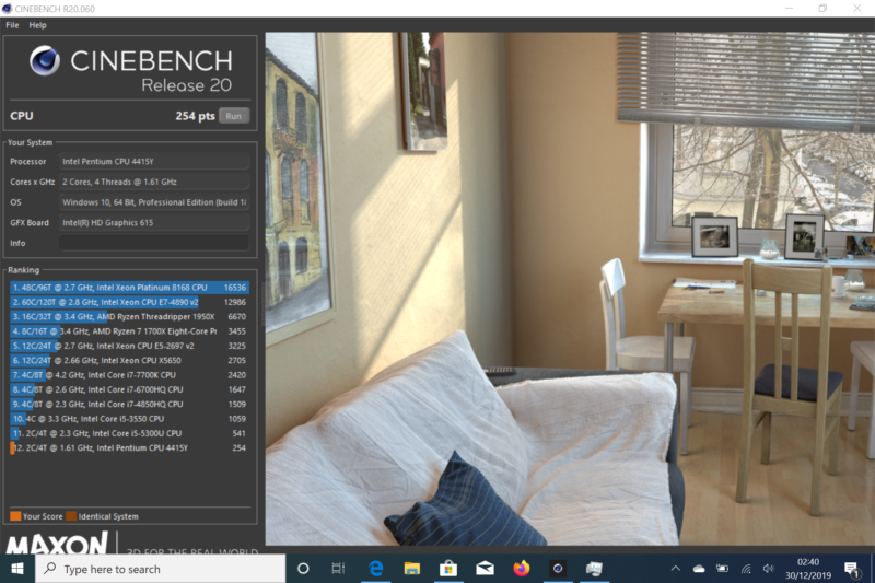 Surface Go Cinebench R20 Score