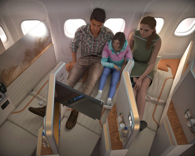 a man and woman sitting on a plane