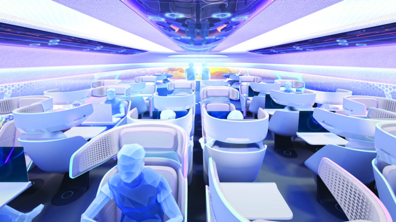 a interior of a plane with people sitting in chairs