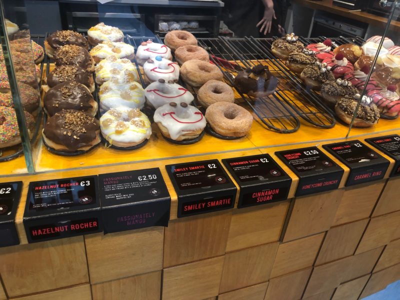 a display of donuts on a counter