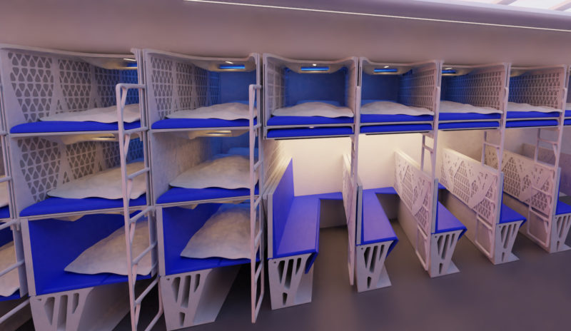 a room with bunk beds and blue tables
