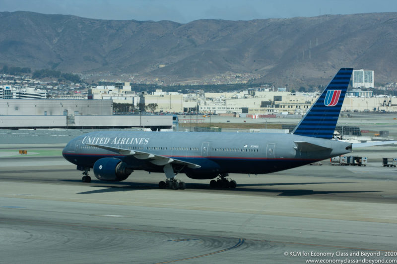 United Airlines Boeing 777-200ER (Battleship Grey) taxiing at San Francisco International Airport
