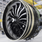 a large jet engine in a factory