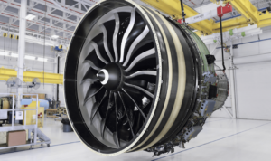 a large jet engine in a factory