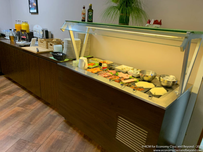 a buffet with food on it