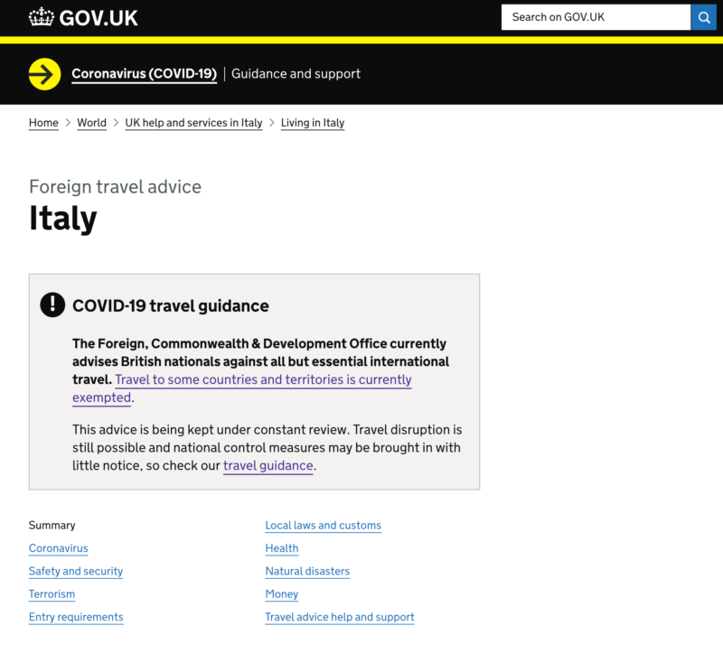 gov travel advice italy