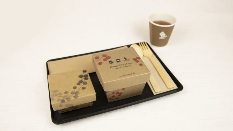 a tray with boxes and a cup of tea