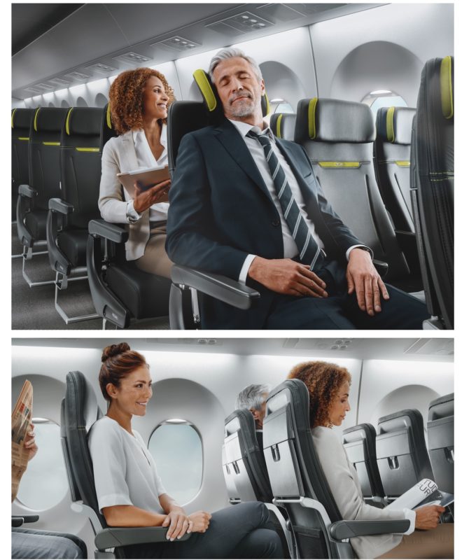 a man and woman sitting in a plane