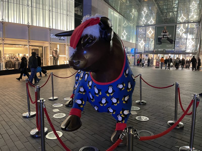 a statue of a bull wearing pajamas
