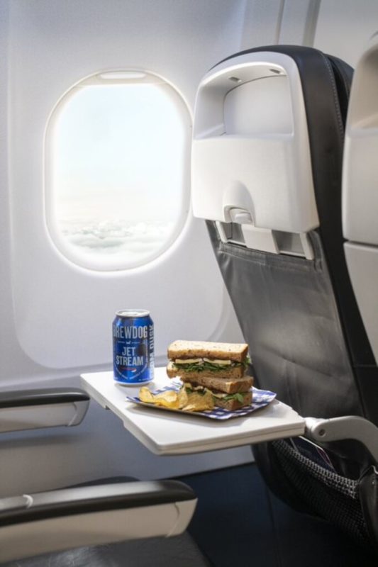 a sandwich and a can of soda on a tray in an airplane