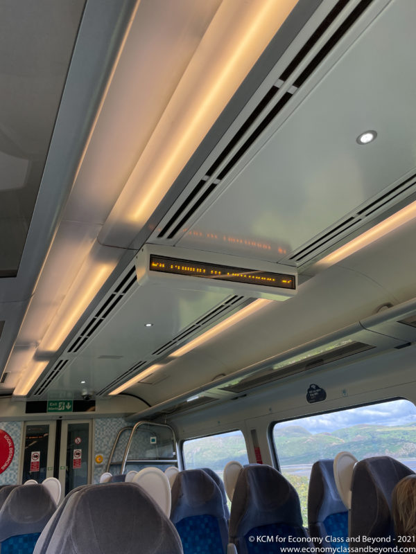 a train with a light on the ceiling