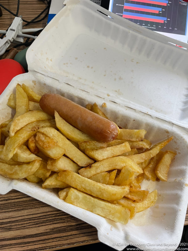 a hot dog and french fries in a styrofoam container