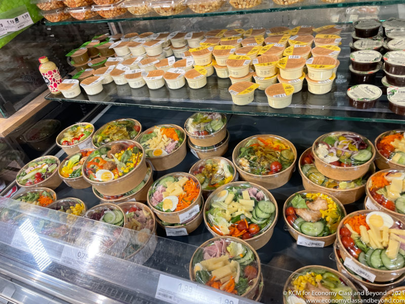 a display of food on shelves