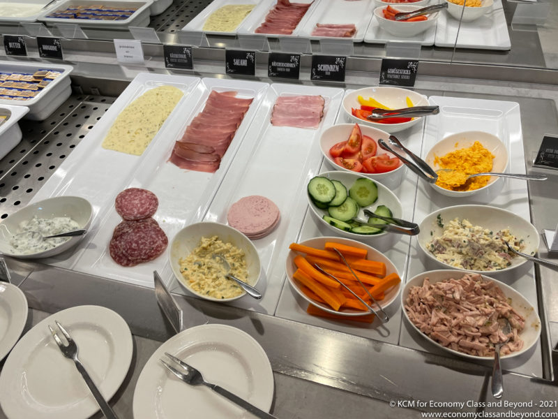 a buffet with different food items