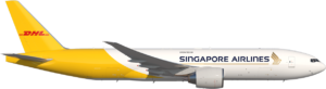 a white and yellow airplane with blue text