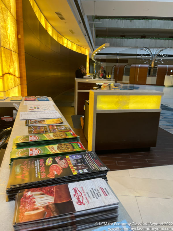 a counter with menus on it