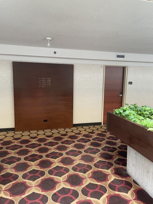 a room with two doors and a planter