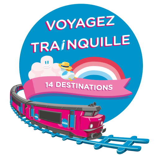 a pink train with a blue circle and white text