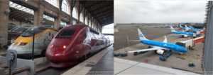 a train and plane at an airport
