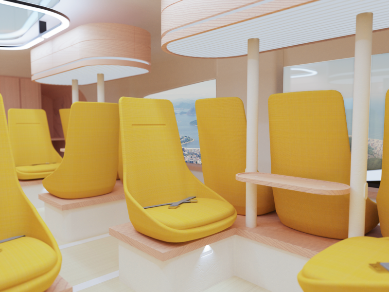 a room with yellow chairs