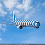 a blue and white striped airplane in the sky
