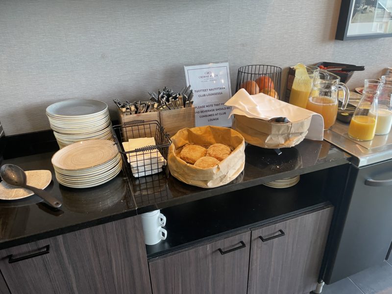 a counter with plates and food on it