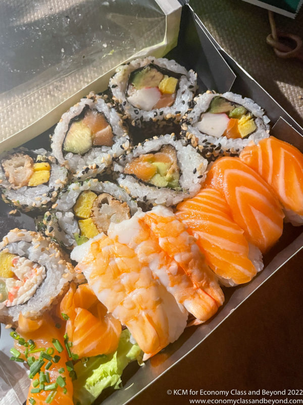 a box of sushi on a table