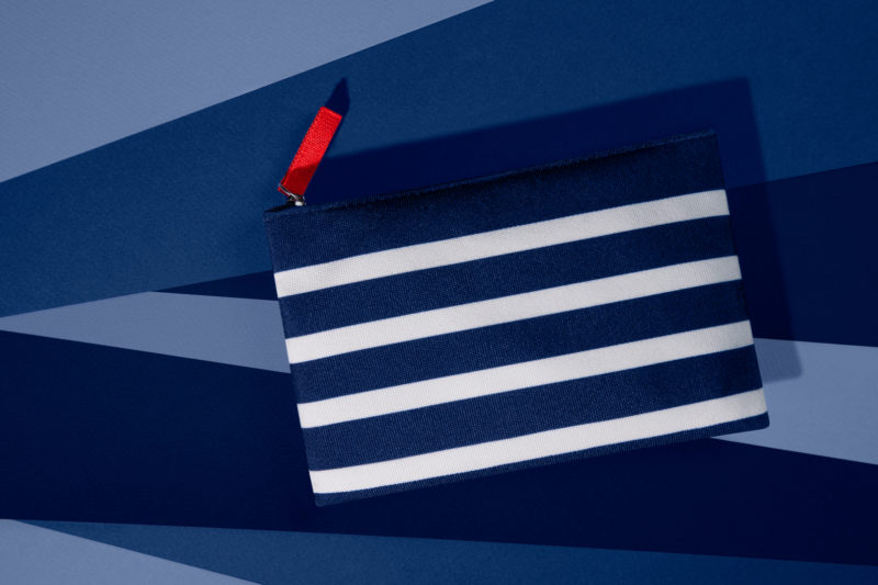a blue and white striped bag