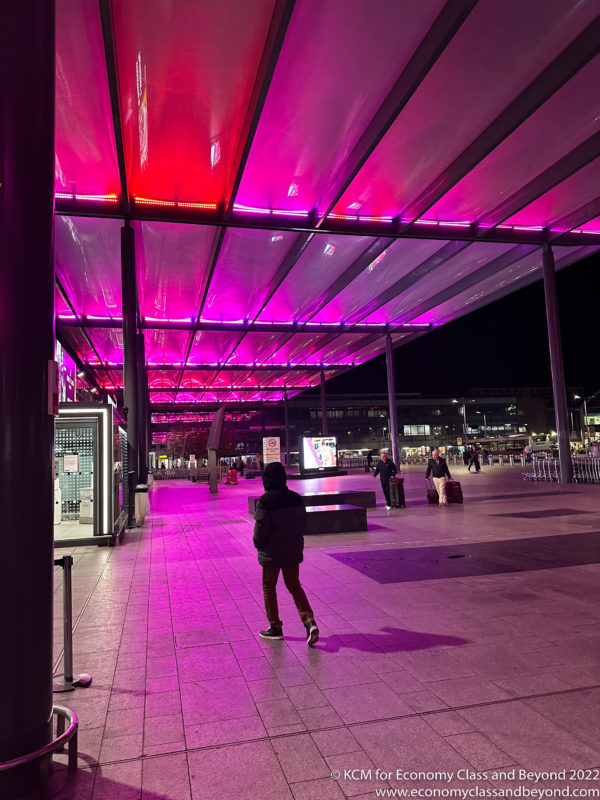 a person standing in front of a covered area with pink lights