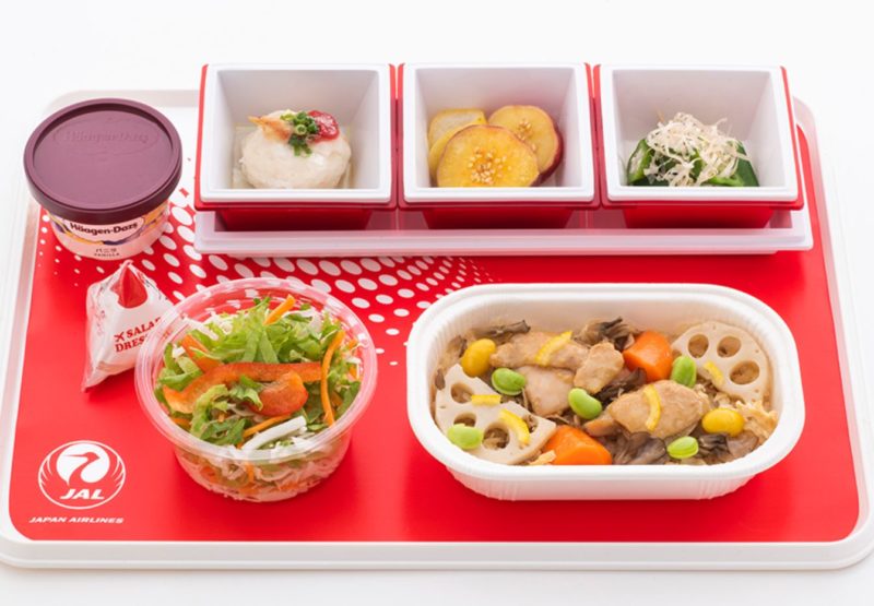 a tray of food on a red tray