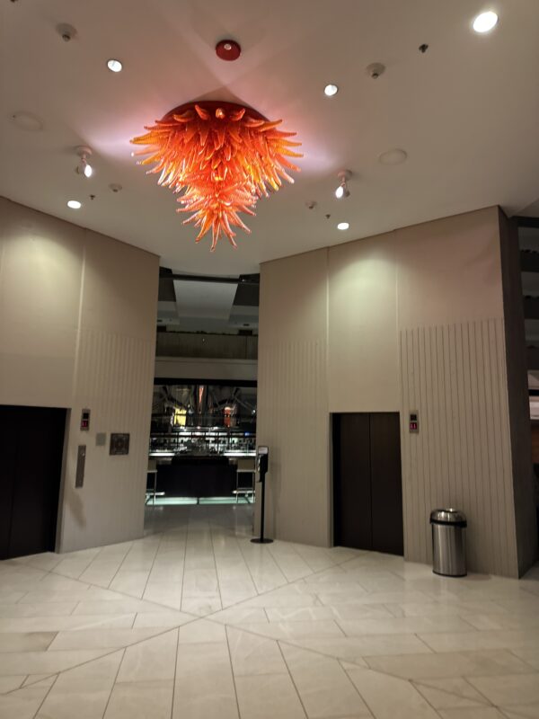 a chandelier in a lobby