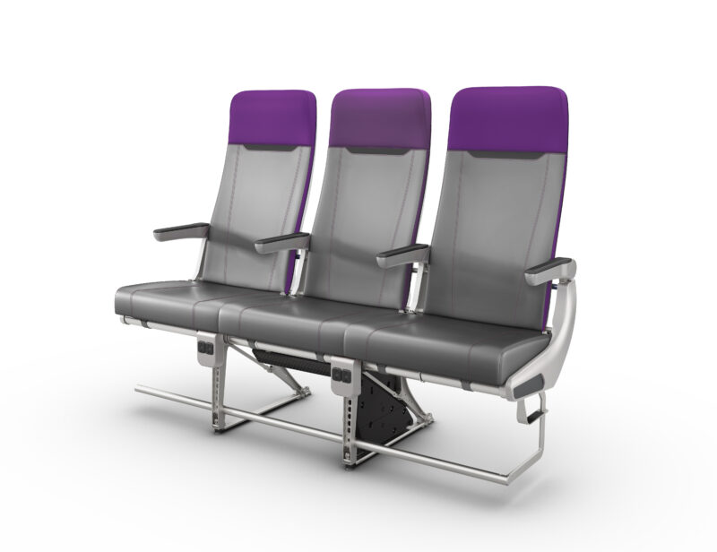 a row of seats with purple accents