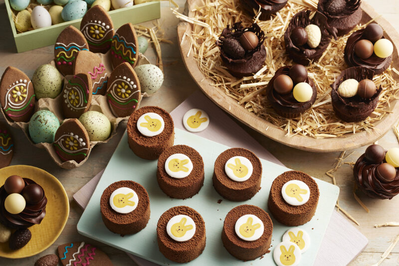 a tray of chocolate desserts and eggs
