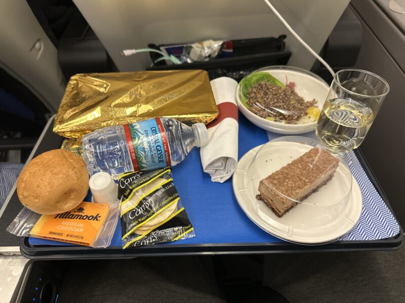 a tray with food and drinks on it