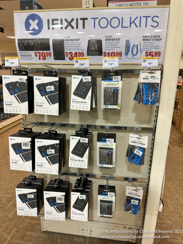 a display of black and blue computer parts