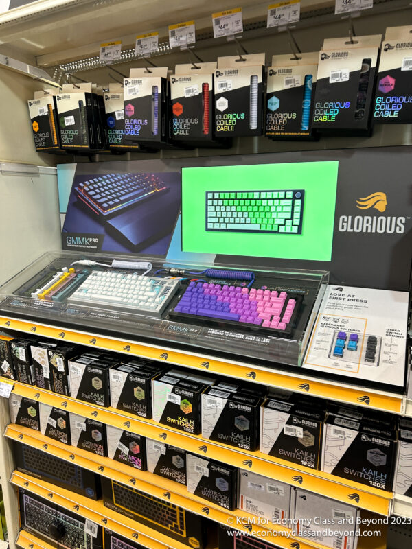 a display of keyboard and other computer accessories