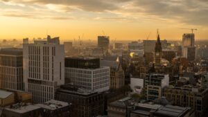 a city with tall buildings and cranes