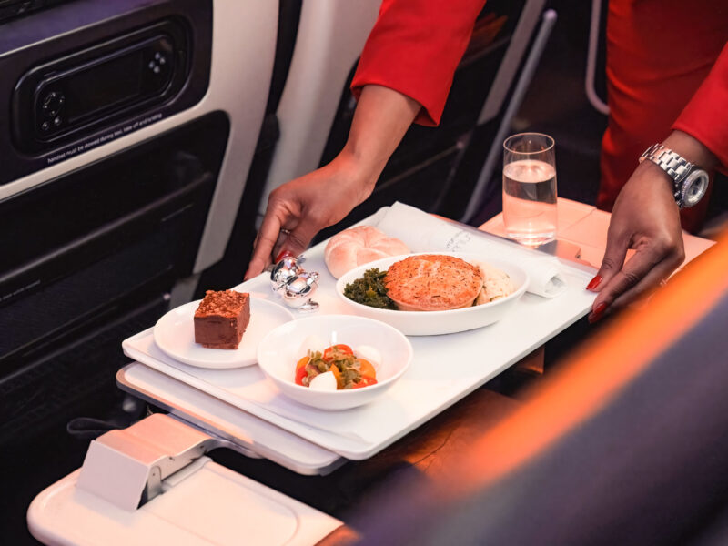 a tray of food on the plane