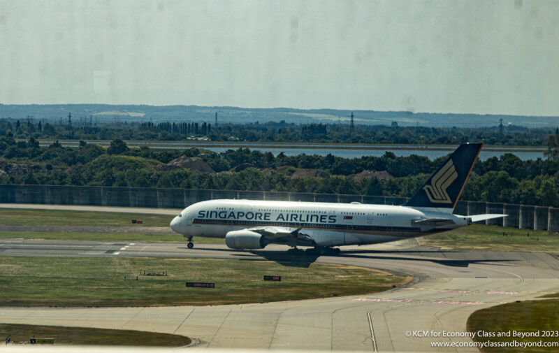 Singapore Airlines Airbus A380-800 lining up to depart London Heathrow - Image, Economy Class and Beyond