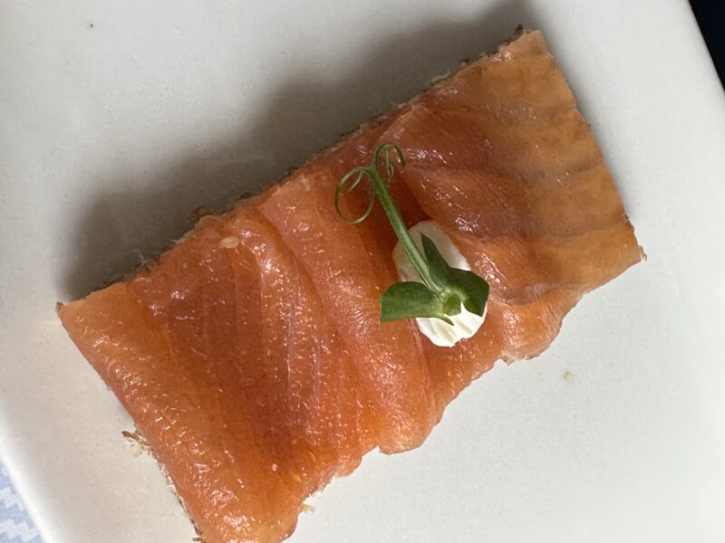 a piece of salmon with a green leafy stem