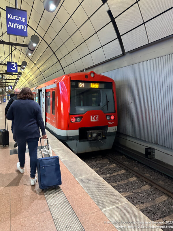 a person pulling a luggage bag next to a train