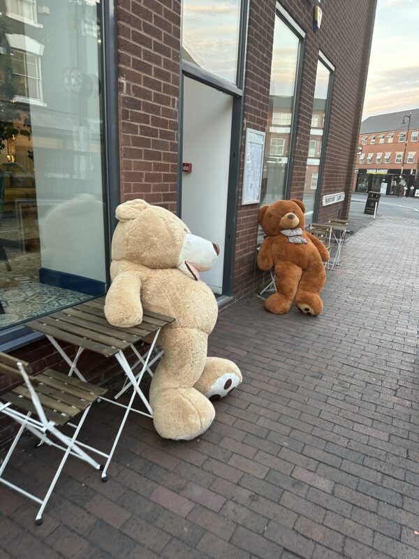 two stuffed bears on a sidewalk